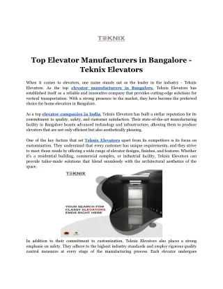 Top Elevator Manufacturers in Bangalore - Teknix Elevators
