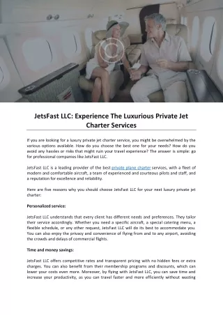JetsFast LLC: Experience The Luxurious Private Jet Charter Services