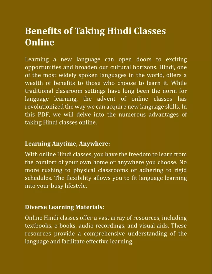 benefits of taking hindi classes online