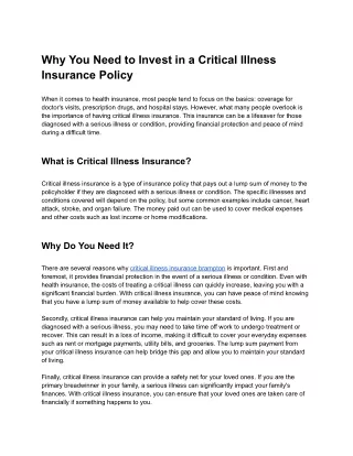 Why You Need to Invest in Critical Illness Insurance Policy