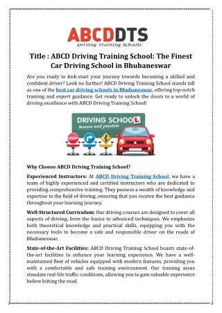 ABCD Driving Training School: The Finest Car Driving School in Bhubaneswar