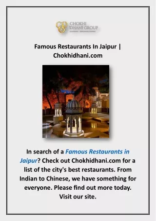 Famous Restaurants In Jaipur | Chokhidhani.com
