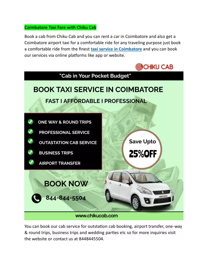 coimbatore taxi fare with chiku cab