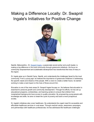 Making a Difference Locally: Dr. Swapnil Ingale's Initiatives for Positive Chang