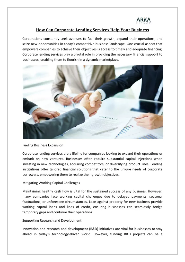 how can corporate lending services help your