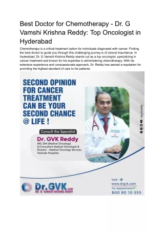 Best Doctor for Chemotherapy - Dr G Vamshi Krishna Reddy