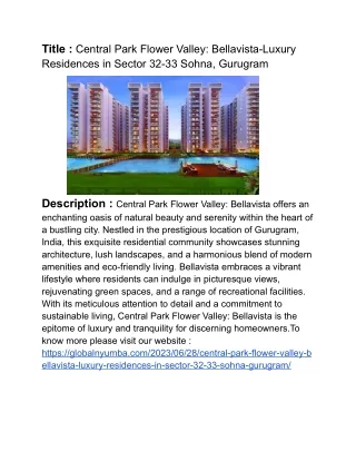 Central Park Flower Valley: Bellavista-Luxury Residences in Sector 32-33 Sohna,