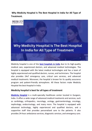 Why Medicity Hospital Is The Best Hospital In India for All Type of Treatment.