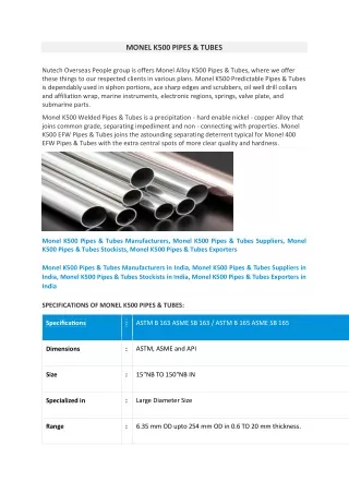 Monel K500 Pipes & Tubes Exporters in India