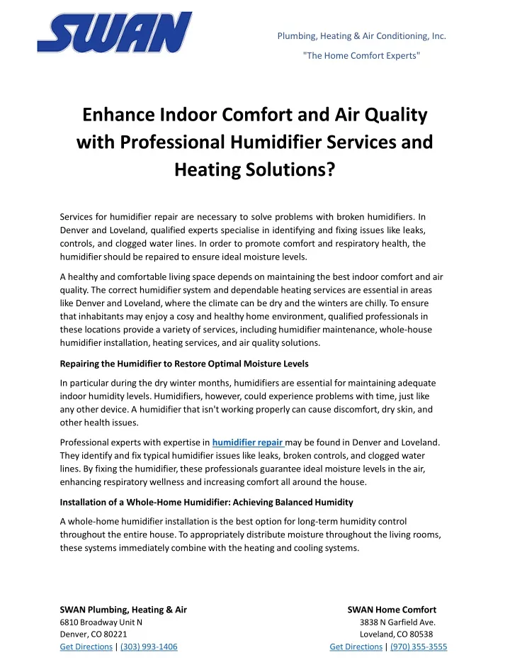 enhance indoor comfort and air quality with professional humidifier services and heating solutions
