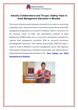 Industry Collaborations and Tie-ups Adding Value to Hotel Management Education in Mumbai
