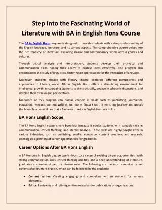 Step Into the Fascinating World of Literature with BA in English Hons Course