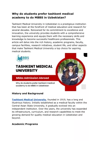 Why do students prefer tashkent medical academy to do MBBS in Uzbekistan