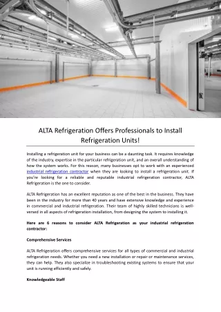 ALTA Refrigeration Offers Professionals to Install Refrigeration Units!