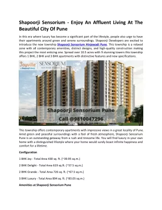 Shapoorji Sensorium - Enjoy The Best Affluent Living At The Beautiful City Of Pune