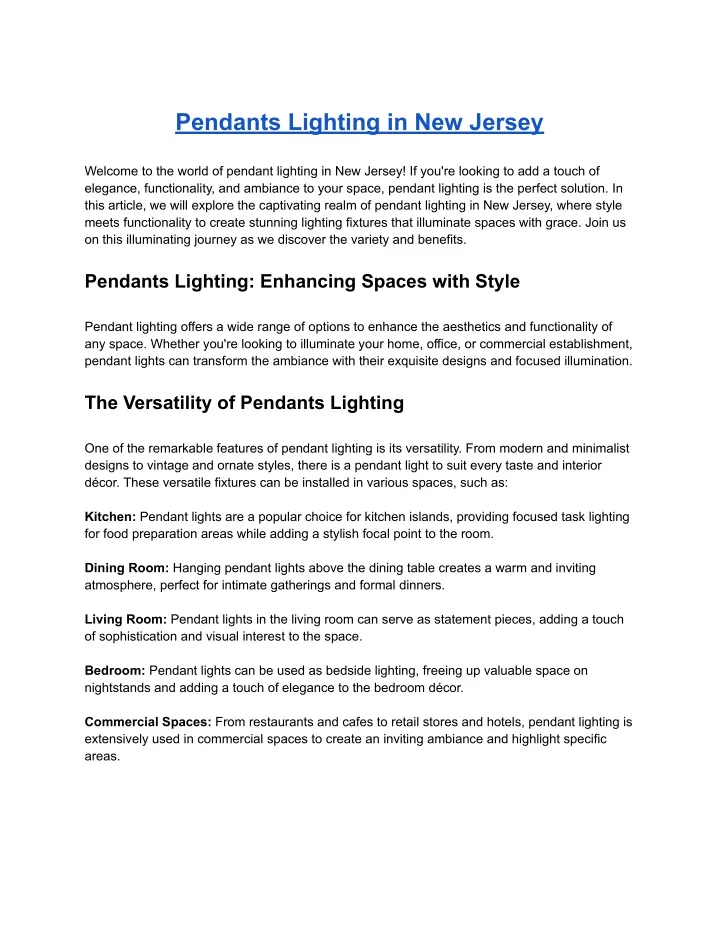 pendants lighting in new jersey