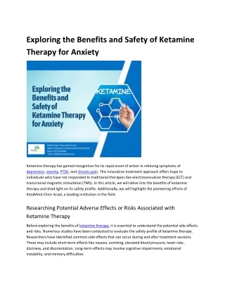 Exploring the Benefits and Safety of Ketamine Therapy for Anxiety