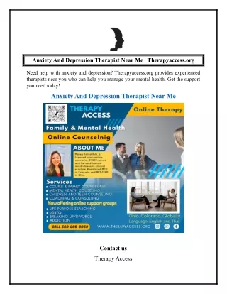 Anxiety And Depression Therapist Near Me  Therapyaccess.org