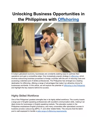 Unlocking Business Opportunities in the Philippines with Offshoring