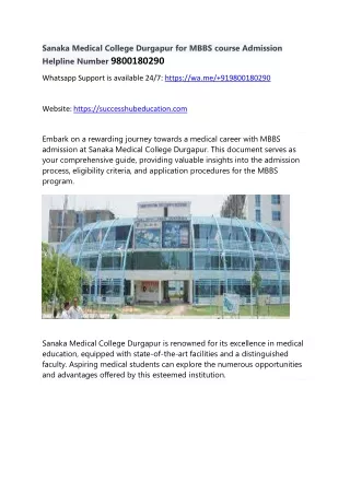 Sanaka Medical College Durgapur for MBBS course Admission Helpline Number 9800180290