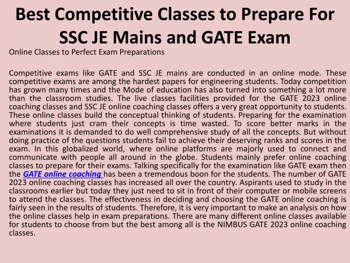 best competitive classes to prepare for ssc je mains and gate exam