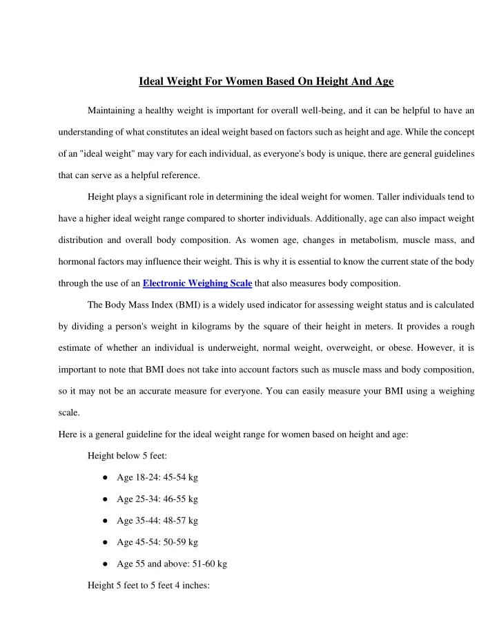 ideal weight for women based on height and age
