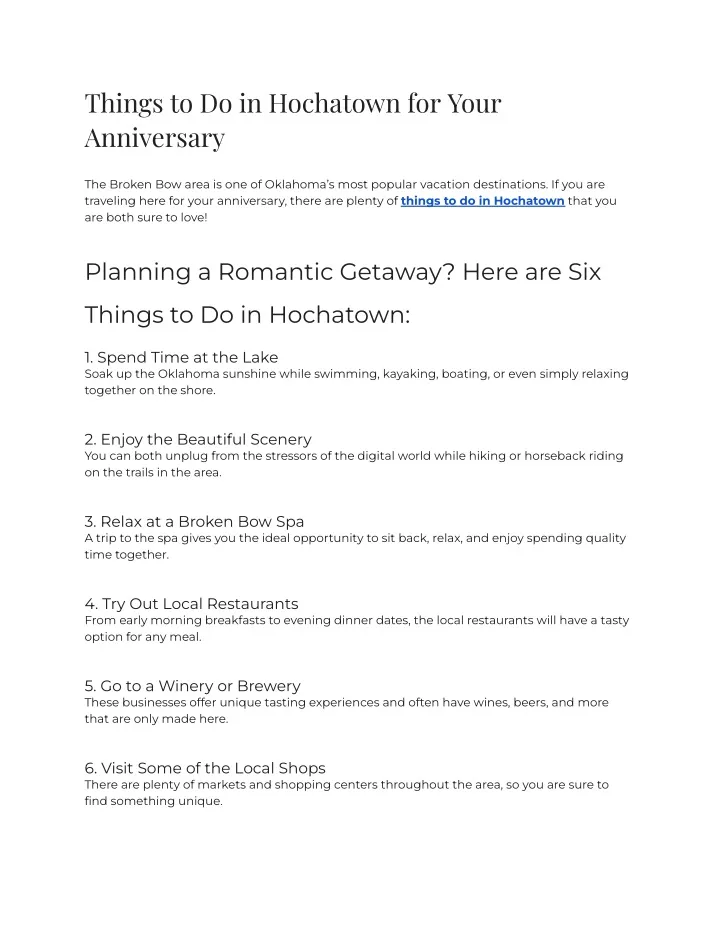things to do in hochatown for your anniversary