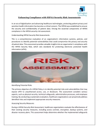 Enhancing Compliance with HIPAA Security Risk Assessments