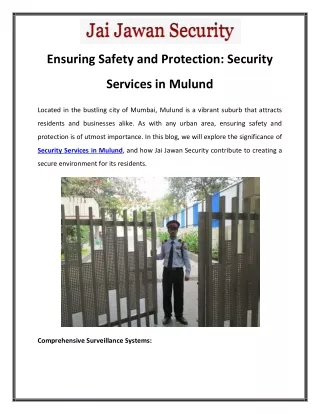 Ensuring Safety and Protection Security Services in Mulund