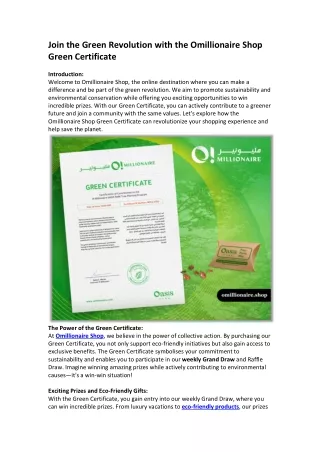 Join the Green Revolution with the Omillionaire Shop Green Certificate