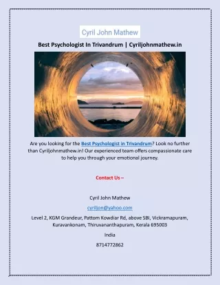 Best Psychologist In Trivandrum | Cyriljohnmathew.in