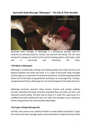 Ayurvedic Body Massage “Abhyanga” – The Oils & Their Benefits