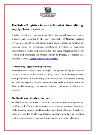 The Role of Logistics Service in Mumba Streamlining Supply Chain Operations