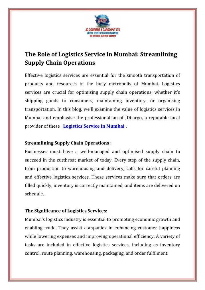 the role of logistics service in mumbai
