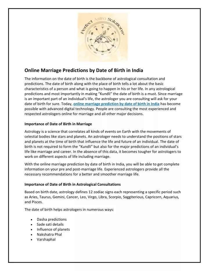 online marriage predictions by date of birth