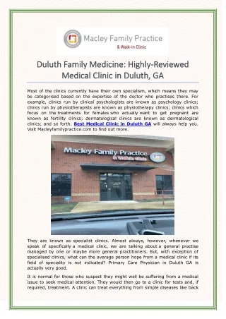 Duluth Family Medicine Highly-Reviewed Medical Clinic in Duluth, GA