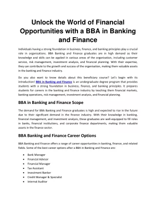 Unlock the World of Financial Opportunities with a BBA in Banking and Finance