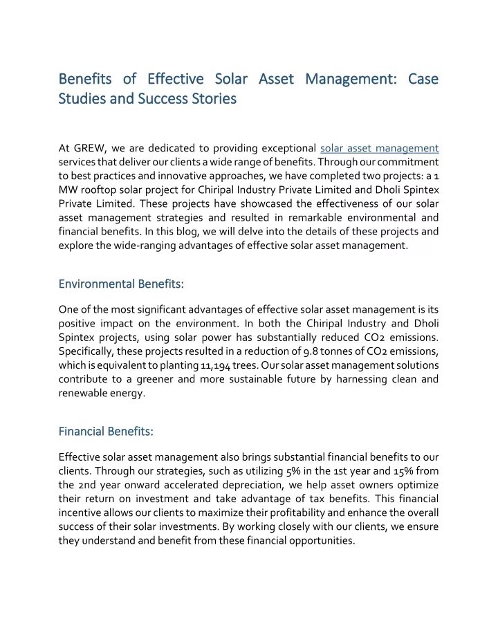 benefits of effective solar asset management case