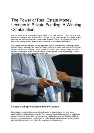 The Power of Real Estate Money Lenders in Private Funding