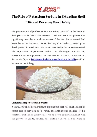 The Role of Potassium Sorbate in Extending Shelf Life and Ensuring Food Safety