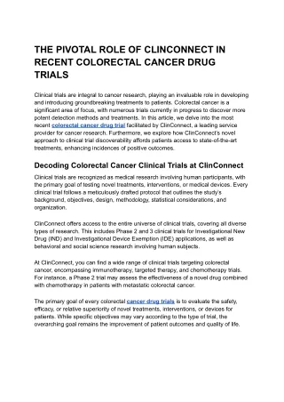 THE PIVOTAL ROLE OF CLINCONNECT IN RECENT COLORECTAL CANCER DRUG TRIALS