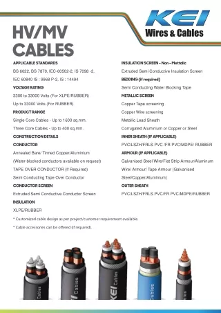 KEI IND HV/MV Cables Product Catalogue: Applicable Standards, Voltage Rating, an