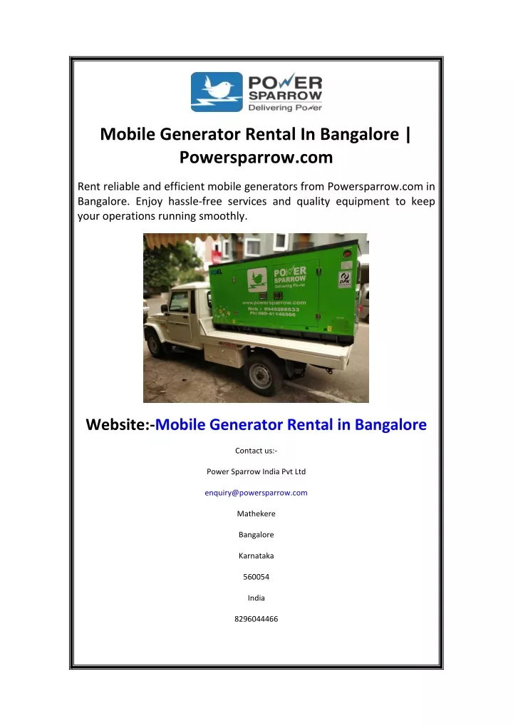 mobile generator rental in bangalore powersparrow