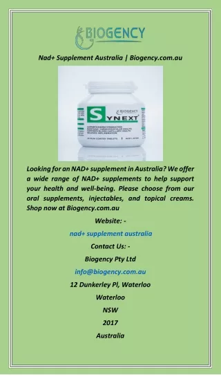 Nad  Supplement Australia  Biogency.com