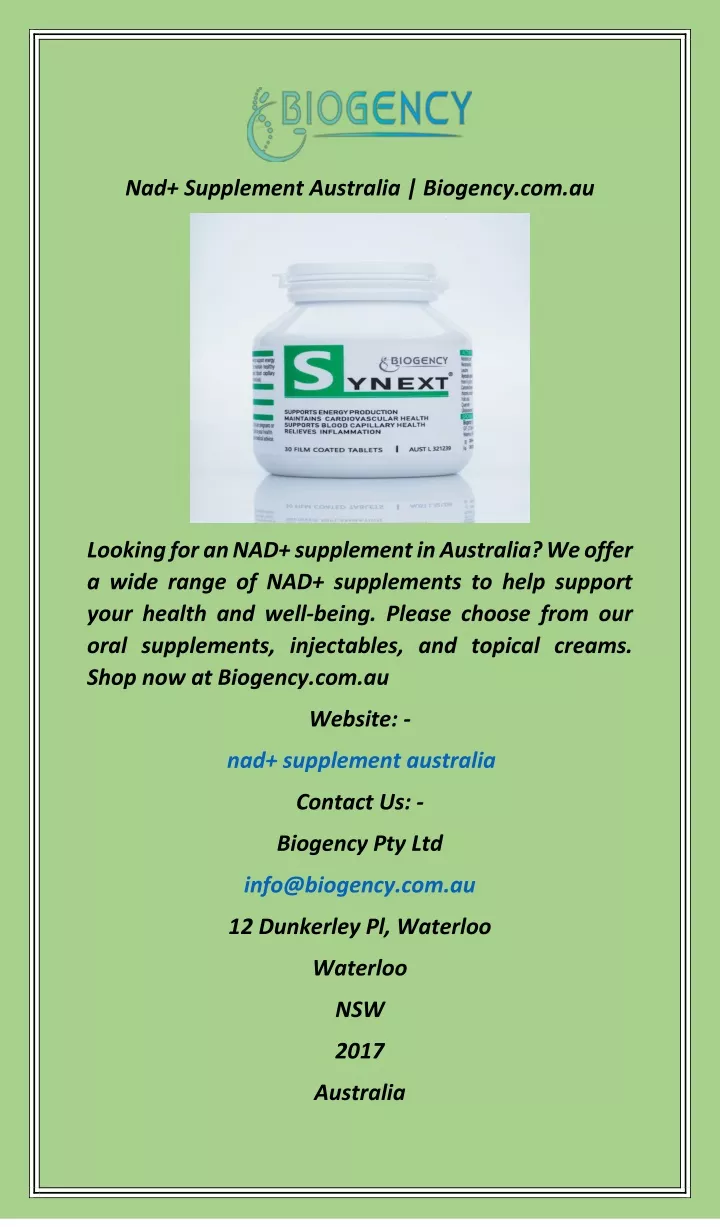 nad supplement australia biogency com au