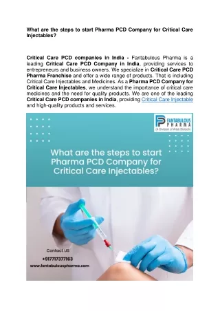 What are the steps to start Pharma PCD Company for Critical Care Injectables