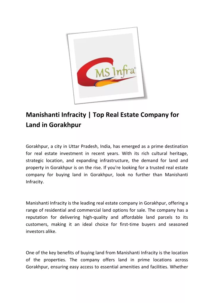 manishanti infracity top real estate company
