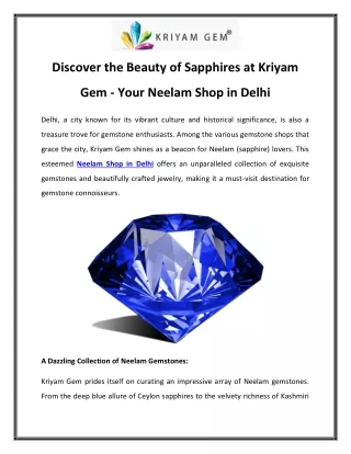Discover the Beauty of Sapphires at Kriyam Gem - Your Neelam Shop in Delhi