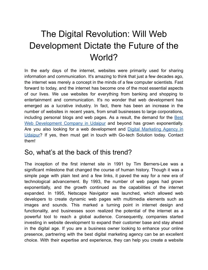 the digital revolution will web development