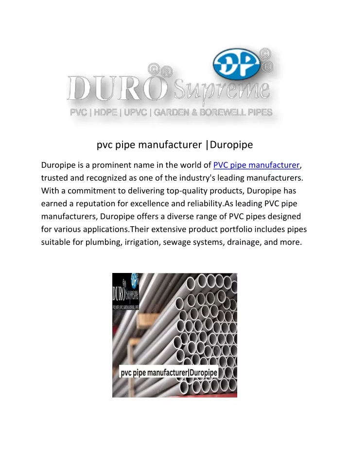pvc pipe manufacturer duropipe
